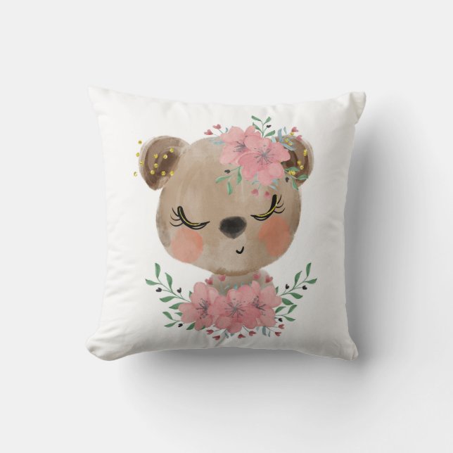 Almohada de lanzamiento de oso de acuarela con flo (Anverso)