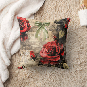 Almohada de lanzamiento de rosas rojas vintage