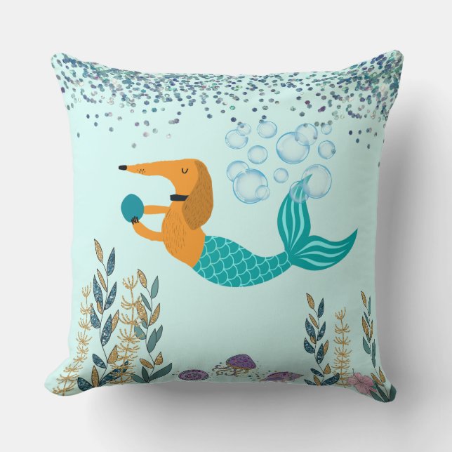 Almohada de lanzamiento de sirena de perro salchic (Anverso)