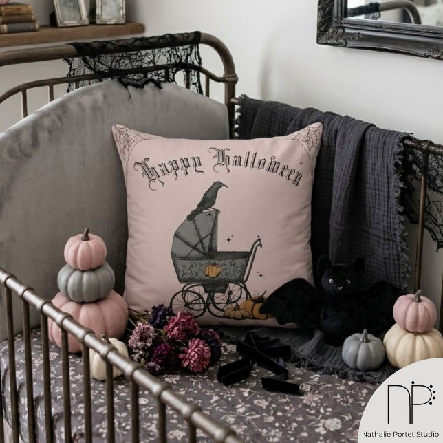 Almohada de lanzamiento Feliz Halloween Cochecito  (Gothic Halloween throw pillow, hand-drawn ink art, blush pink, personalized festive home decor)