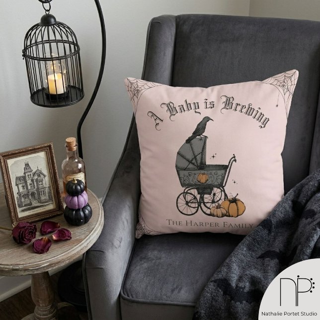 Almohada de lanzamiento gótico 'Se está preparando (Gothic A Baby is Brewing throw pillow, hand-drawn ink art, blush pink, fine-line nursery decor)