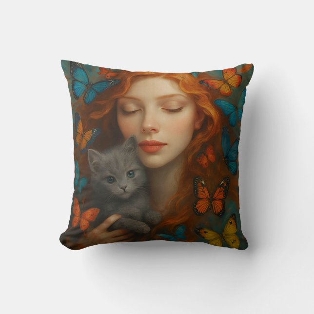 Almohada de lanzamiento pelirroja y gatito (Anverso)