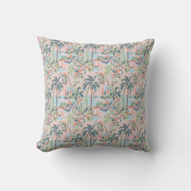 Almohada de lanzamiento Toile Tropical Rosa y Verd (Anverso)