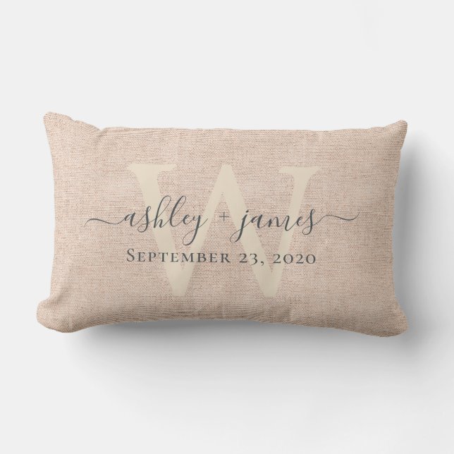 Almohada de lino rosa con monograma de boda de rec (Anverso)