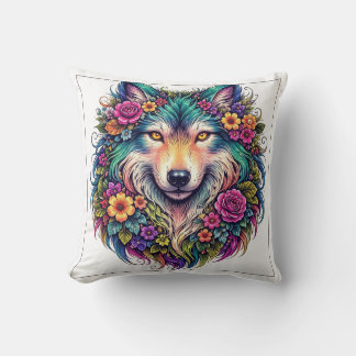 Almohada de lobo floral – Decoración de animales d