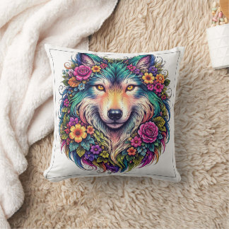 Almohada de lobo floral – Decoración de animales d