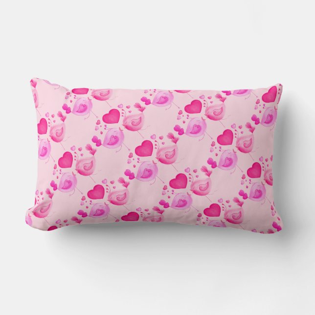 Almohada de madera rosa acuarela de pájaros de amo (Anverso)