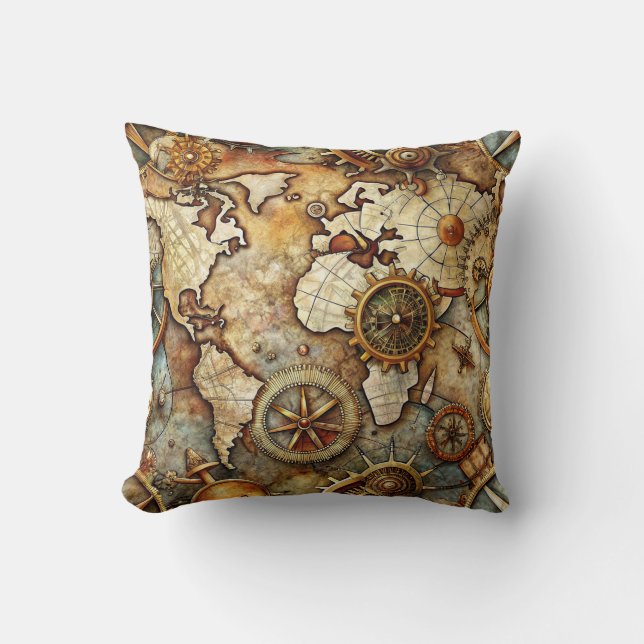 Almohada de mapa antiguo Steampunk (Anverso)