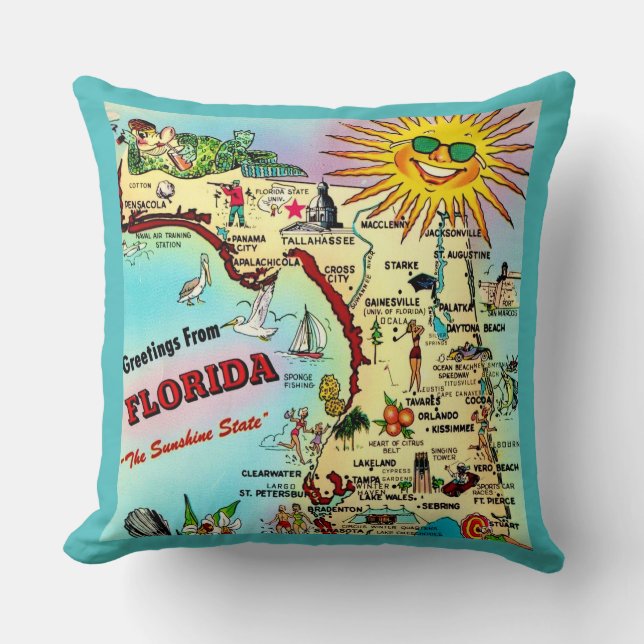 Almohada de mapa de tarjeta postal de Florida (Anverso)