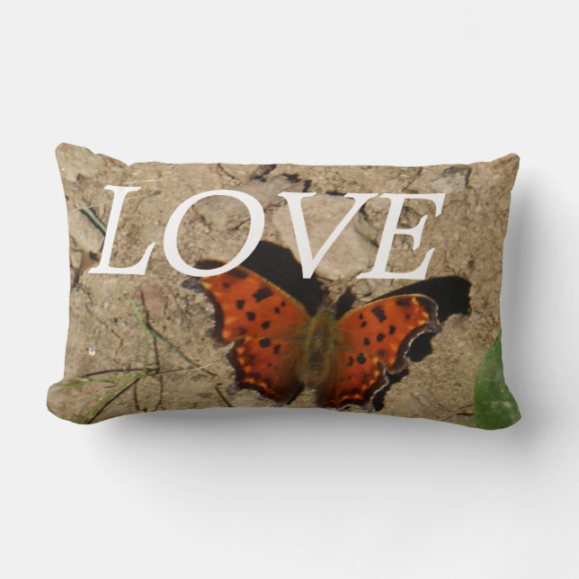 Almohada de mariposa naranja y verde lOVE (Anverso)