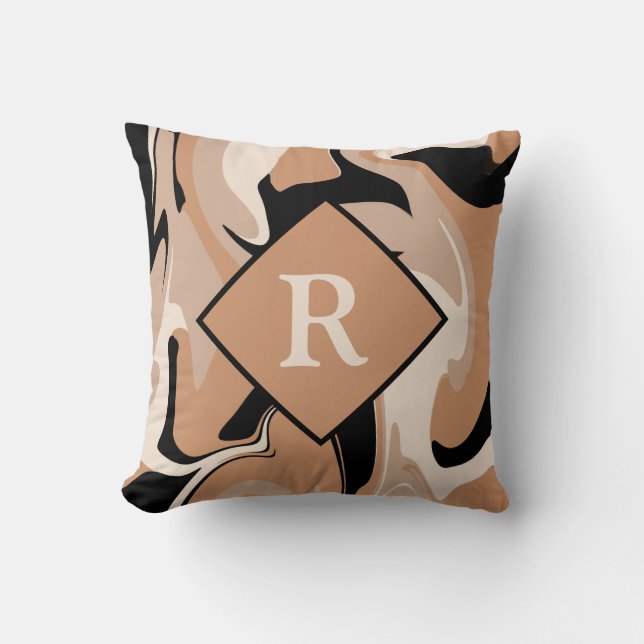 Almohada de mármol negra marrón crema con monogram (Anverso)