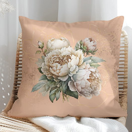 Almohada de melocotón rústico con peonías doradas 