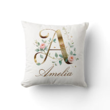 Almohada de monograma inicial floral dorada elegan