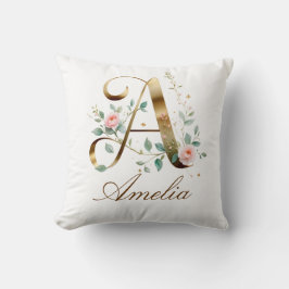 Almohada de monograma inicial floral dorada elegan