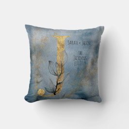 Almohada de Monograma J de Azul Gris Oro Acuarela