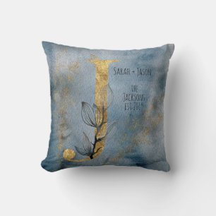 Almohada de Monograma J de Azul Gris Oro Acuarela