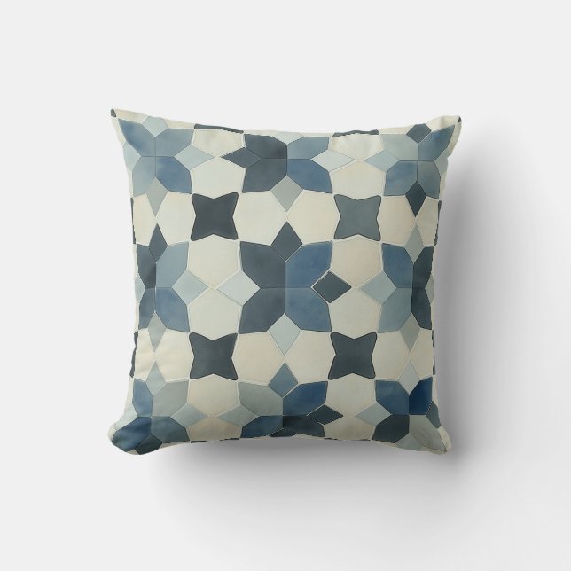 Almohada de mosaico con estrella geométrica azul (Anverso)