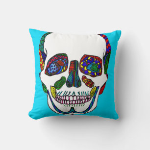 Almohada de mosaico de cráneo azucarero azul color