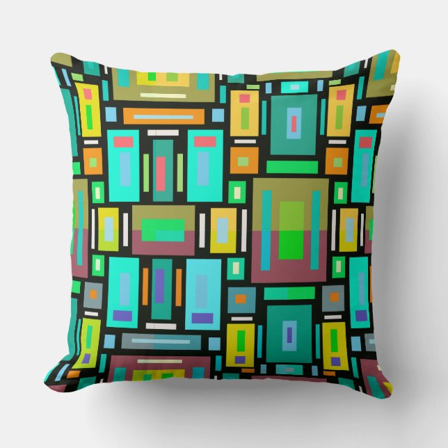 Almohada de mosaico geométrico azul verde amarillo (Anverso)
