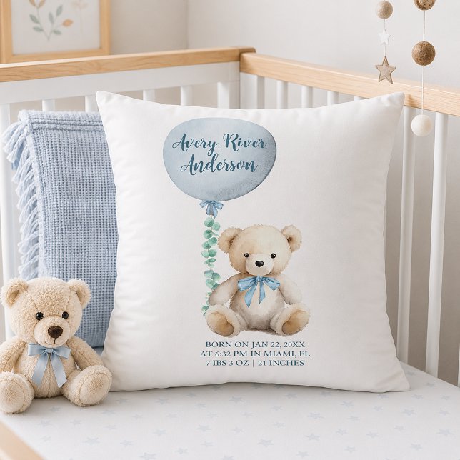 Almohada de nacimiento de osito de peluche azul (Blue Balloon birth announcement pillow)