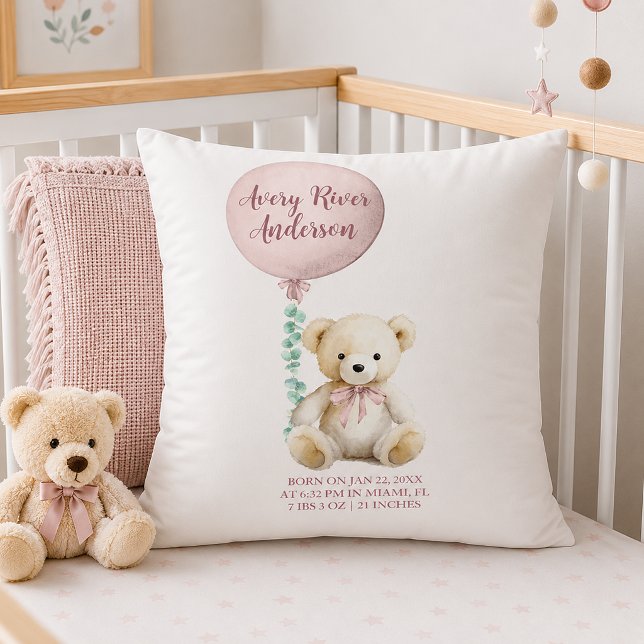 Almohada de nacimiento de osito de peluche rosa (Cozy nursery with personalized baby pillow)