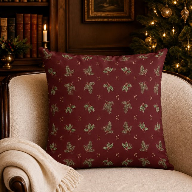 Almohada de Navidad botánica de Borgoña (Burgundy Botanical Christmas Throw Pillow)