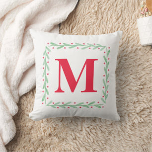 Almohada de Navidad con corona de acuarela y monog
