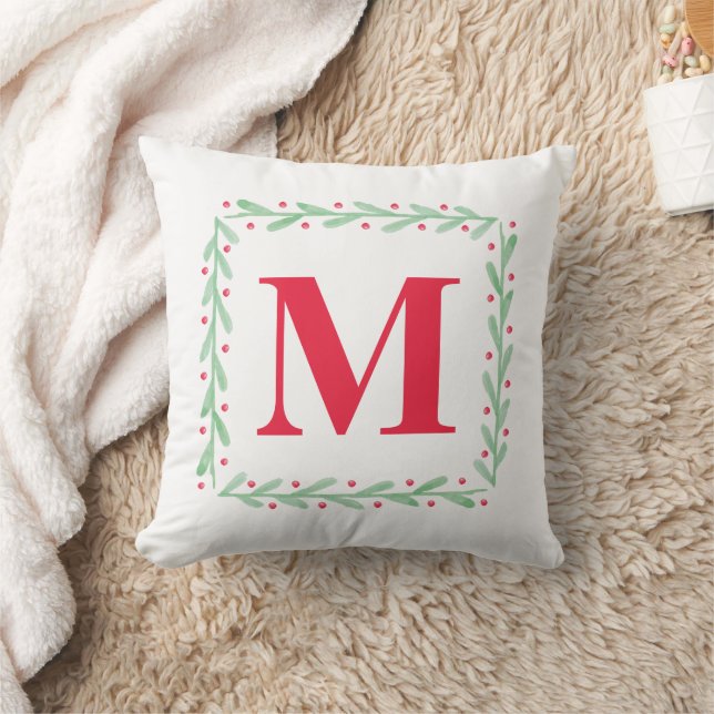 Almohada de Navidad con corona de acuarela y monog (Manta)