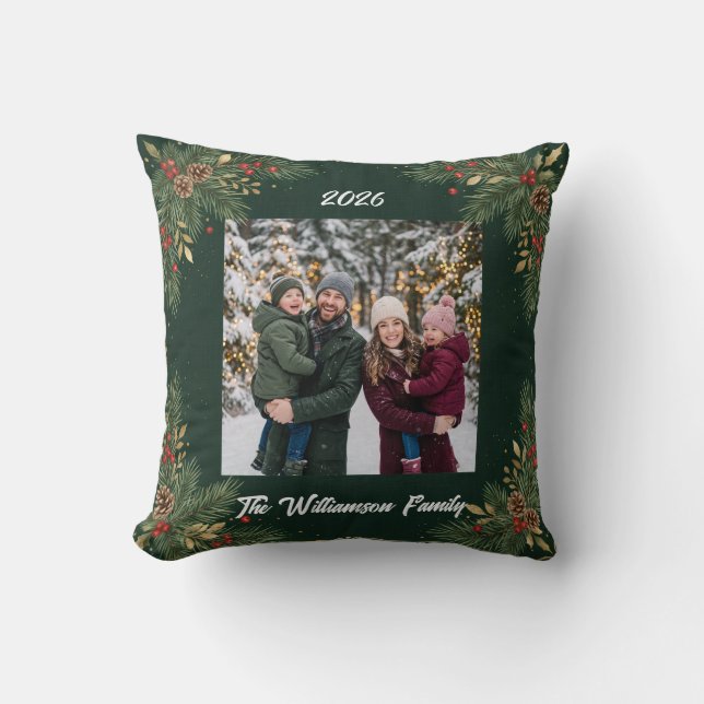 Almohada de Navidad con foto familiar Greenery (Anverso)