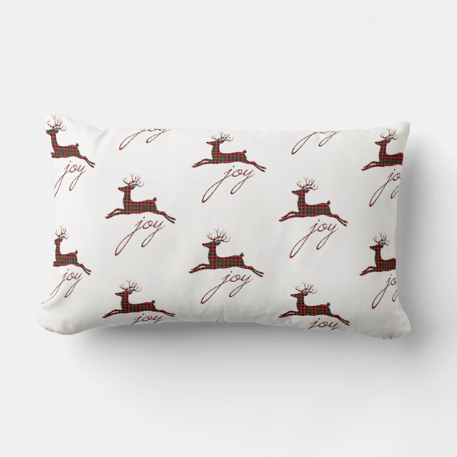 Almohada de Navidad Cuadrada de Plaid Alegría Reno (Anverso)