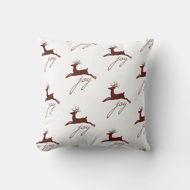 Almohada de Navidad Cuadrada de Plaid Alegría Reno (Anverso)