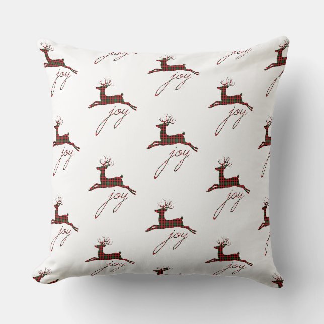 Almohada de Navidad Cuadrada de Plaid Alegría Reno (Anverso)