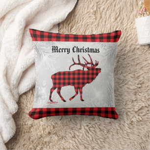 Almohada de Navidad de alce toro a cuadros rojos y