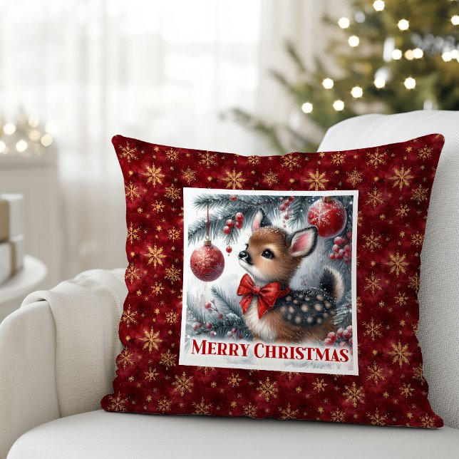 Almohada de Navidad de cervatillo bebé en bosque n (Sweet snowy forest baby fawn Christmas pillow (49))