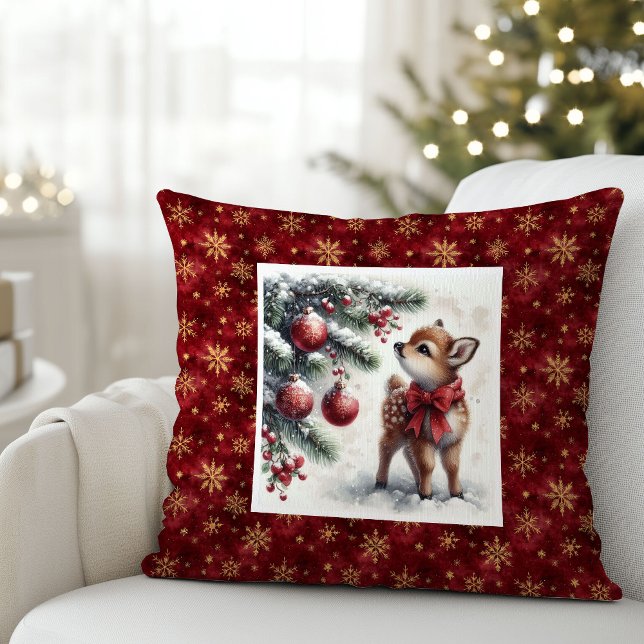 Almohada de Navidad de cervatillo bebé en bosque n (Peaceful snowy forest baby fawn Christmas pillow (51))