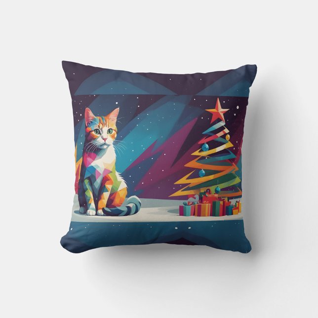 Almohada de Navidad de Gato Geométrico (“Add a pop of color and holiday cheer with this geometric cat pillow!”)