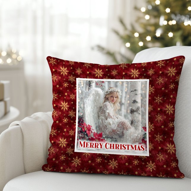 Almohada de Navidad de Poinsettia Roja Angel Nevad (Snowy Angel Red Poinsettia Christmas Pillow Gift)