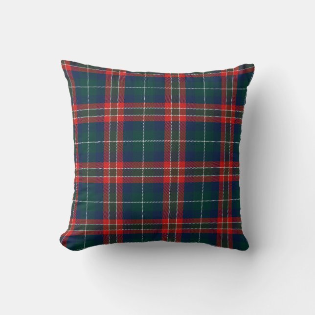 Almohada de Navidad de tartán rojo azul y verde (Anverso)