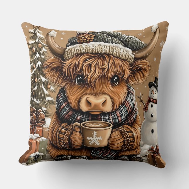 Almohada de Navidad de Vaca de las Tierras Altas A (Anverso)