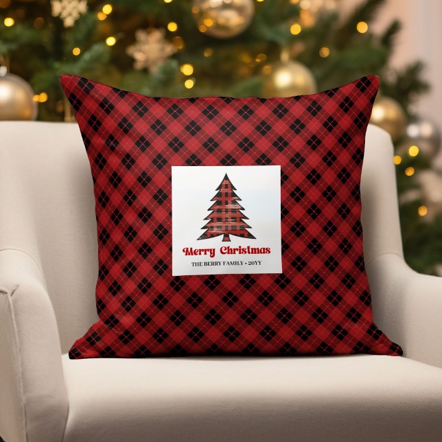 Almohada de Navidad familiar de cuadros de búfalo  (Warm Rustic Buffalo Plaid Family Christmas Pillow)