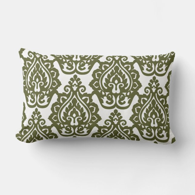 Almohada de Navidad lumbar de damasco verde oliva (Anverso)