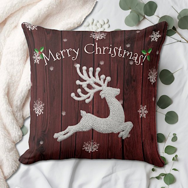 Almohada de Navidad Reno Ciervo Rústico Rojo (Red Rustic Christmas Reindeer Throw Pillow)