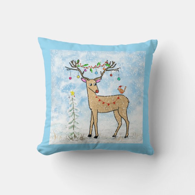 almohada de Navidades de venados y aves (Anverso)
