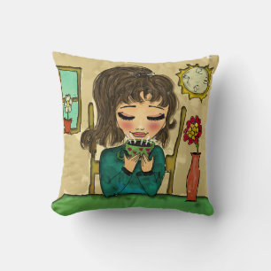 Almohada de niña bebiendo chocolate caliente 16" x