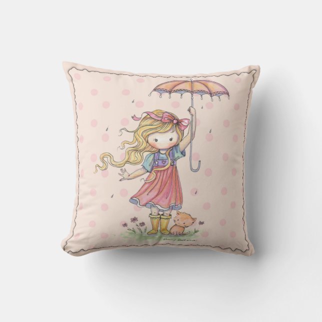 Almohada de niña linda y gatito bajo la lluvia (Anverso)