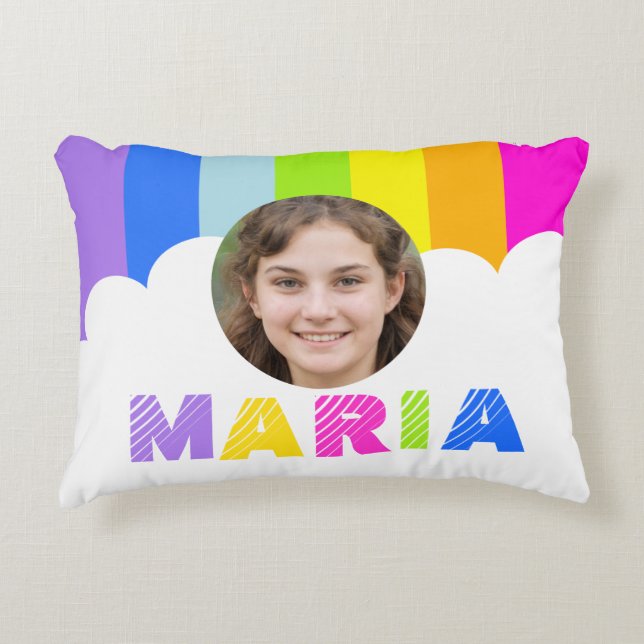 almohada de nombre de foto de raya de arcoíris de  (Anverso)