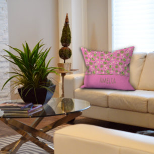 Almohada de nombre de niña floral rosa acuarela