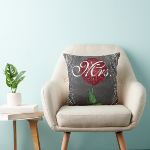 Almohada de novia floral vintage roja y gris