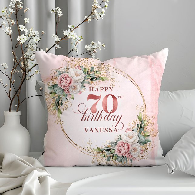Almohada de oro rosa boho eucalipto Cumpleaños 70  (Rose Gold Boho Eucalyptus Pillow 70th Birthday Pillow)