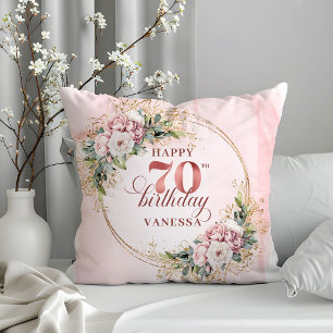 Almohada de oro rosa con flores para 70 cumpleaños